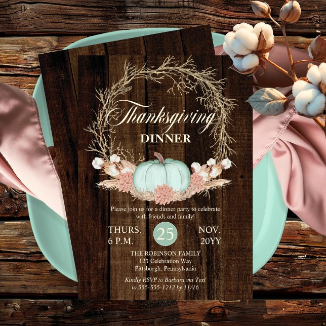 Invitation Dîner de Thanksgiving Russe Citrouille Pampas Wrea (Thanksgiving Dinner Rustic Pumpkin Pampas Wreath Pink | Mint Pastels Invitation)