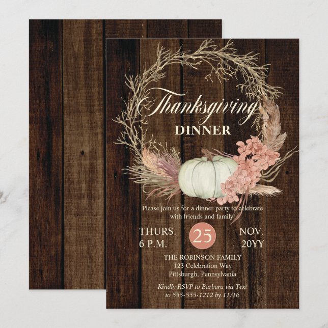 Invitation Dîner de Thanksgiving Russe Citrouille Pampas Wrea (Devant / Derrière)