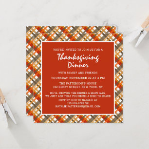 Invitation Dîner de Thanksgiving rustique à motif tartan