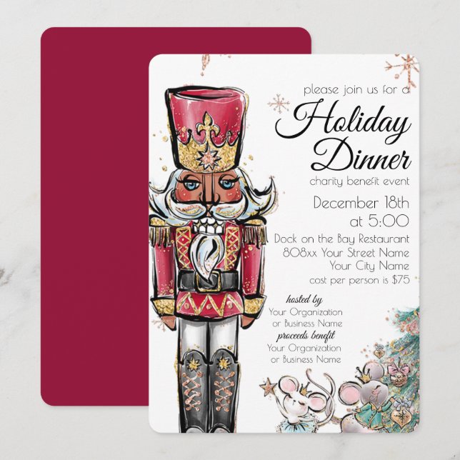 Invitation Dîner de vacances Charité Événement Noisette Noël (Devant / Derrière)