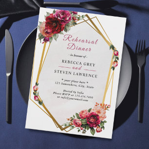 Invitation Dîner d'essai chic rouge rose floral faux or