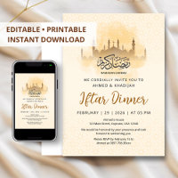 Dîner d'Iftar à silhouette dorée de mosquée géomét