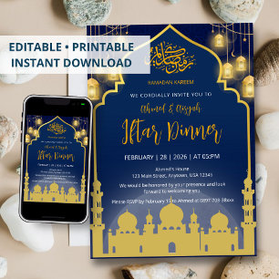 Invitation Dîner d'Iftar de mosquée bleu marine et or de luxe