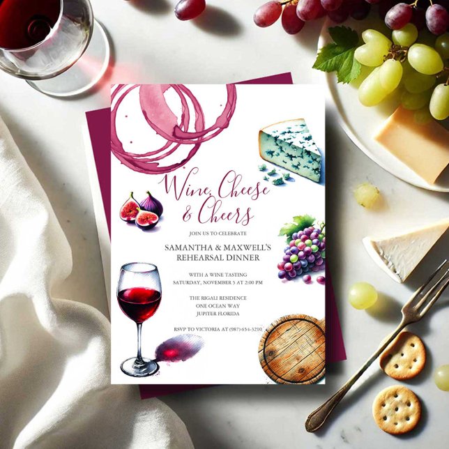 Invitation Dîner d'illustration de vin et de fromage (Rehearsal dinner invitations with watercolor wine and cheese charcuterie theme.)