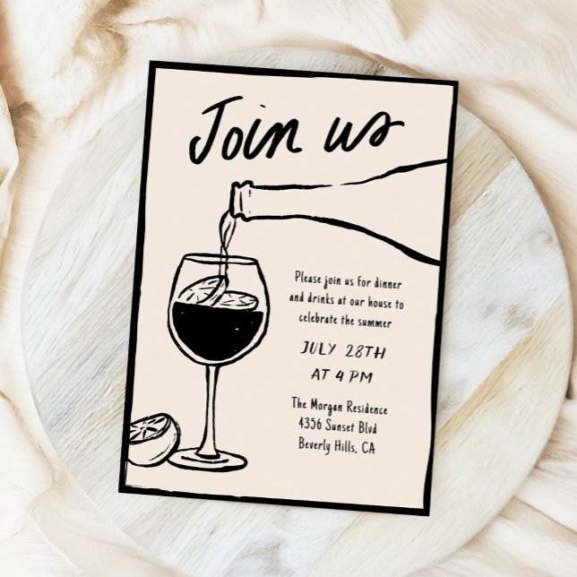 Invitation Dîner Dîner Dîner Dessin De Vin Dessin À La Main (hand drawn wine glass and wine bottle dinner party invitation)