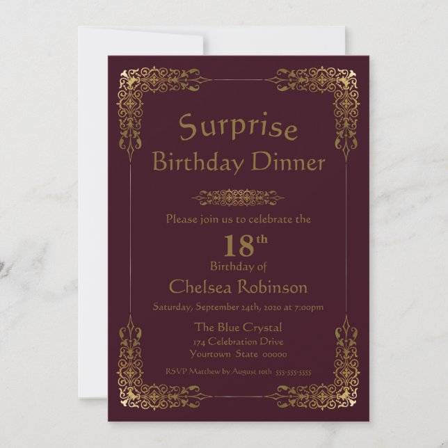 Invitation Dîner d'or de Bourgogne Surprise 18e anniversaire (Devant)