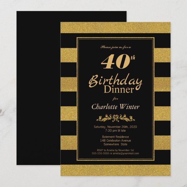 Invitation Dîner d'or noir rayé 40e anniversaire (Devant / Derrière)