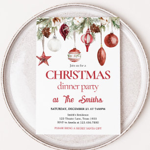 Invitation Dîner d'ornements d'hiver rouge Fête de Noël