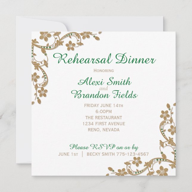 Invitation Dîner du Mariage Emerald et Gold Rehersal (Devant)