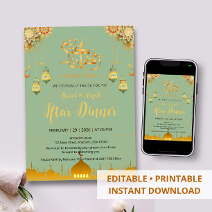 Invitation Dîner élégant de rupture du jeûne vert et or pour