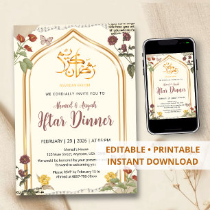 Invitation Dîner élégant d'Iftar floral avec arche dorée pour