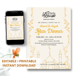 Invitation Dîner élégant d'Iftar pour Ramadan Kareem en or