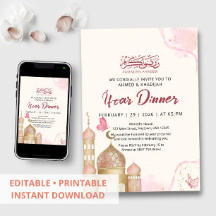 Invitation Dîner élégant rose et or pour l'Iftar de Ramadan