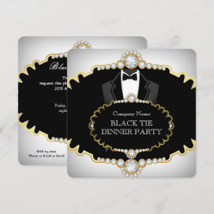 Invitation Dîner en smoking noir et blanc or blanc