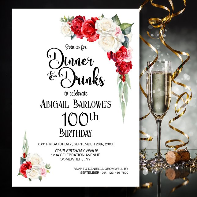 Invitation Dîner et boissons blanc rouge 100e anniversaire (Créateur téléchargé)