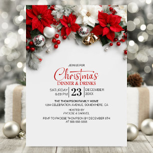 Invitation Dîner et boissons de Noël moderne au poinsettia