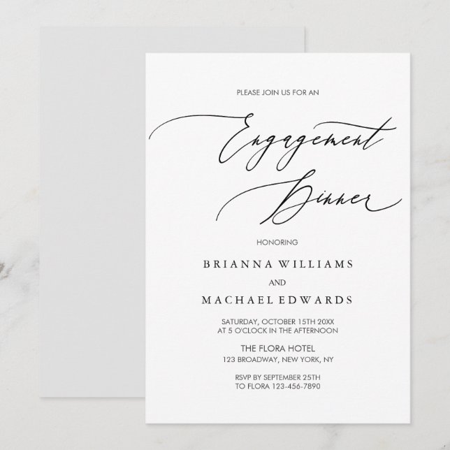 Invitation Dîner Fiançailles simple et élégant en calligraphi (Devant / Derrière)