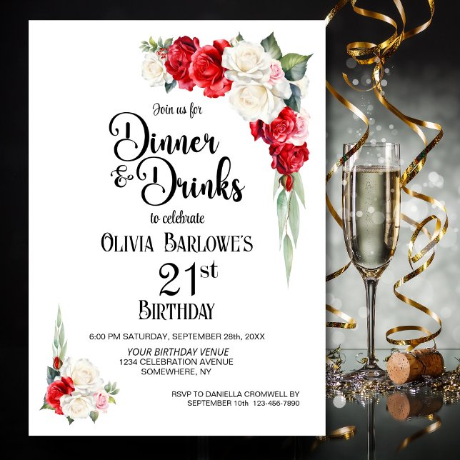 Invitation Dîner Floral blanc rouge et boissons 21e anniversa (Créateur téléchargé)