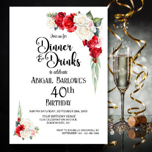 Invitation Dîner Floral blanc rouge et boissons 40e anniversa