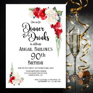Invitation Dîner Floral blanc rouge et boissons 90e anniversa