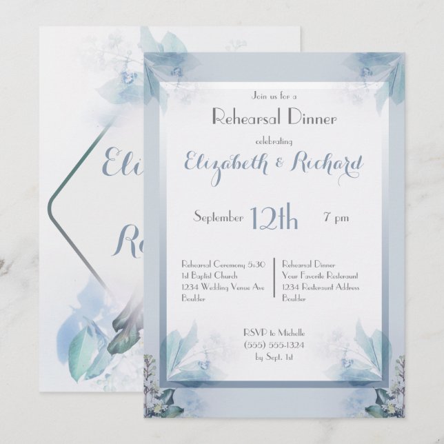 Invitation Dîner floral bleu poussiéreux de répétition (Devant / Derrière)