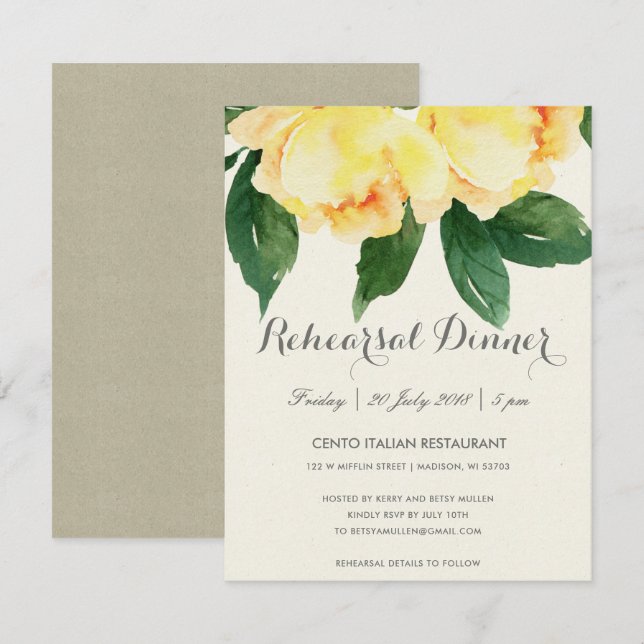 INVITATION DÎNER FLORAL DE RÉPÉTITION D'AQUARELLE JAUNE (Devant / Derrière)