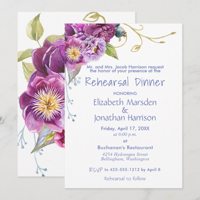 Invitation Dîner floral de répétition de pivoines pourpres (Devant / Derrière)