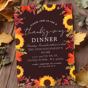 Invitation Dîner Floral de Thanksgiving aux Feuilles d'Automn