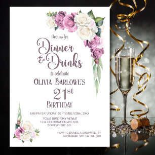 Invitation Dîner Floral rose blanc et boissons 21e anniversai