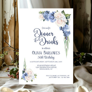 Invitation Dîner Floral Rose Bleu Blanc et Boissons Anniversa