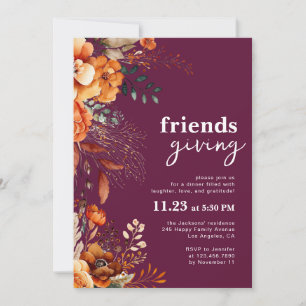 Invitation dîner Friendsgiving classe floral bordeaux