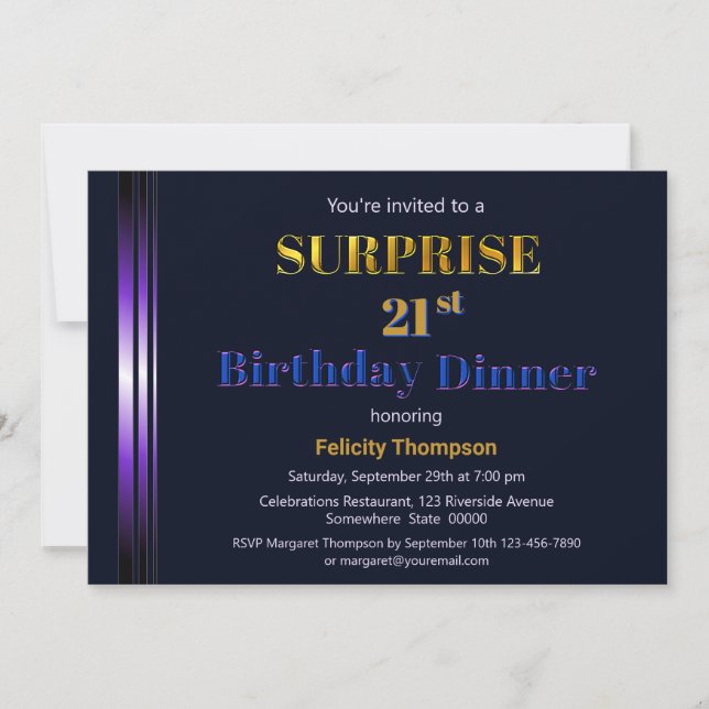 Invitation Dîner Gold and Purple Surprise 21e anniversaire (Devant)