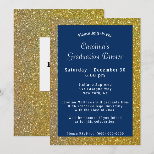 Invitation Dîner Gold Sparkle Bleu Graduation (Devant / Derrière)