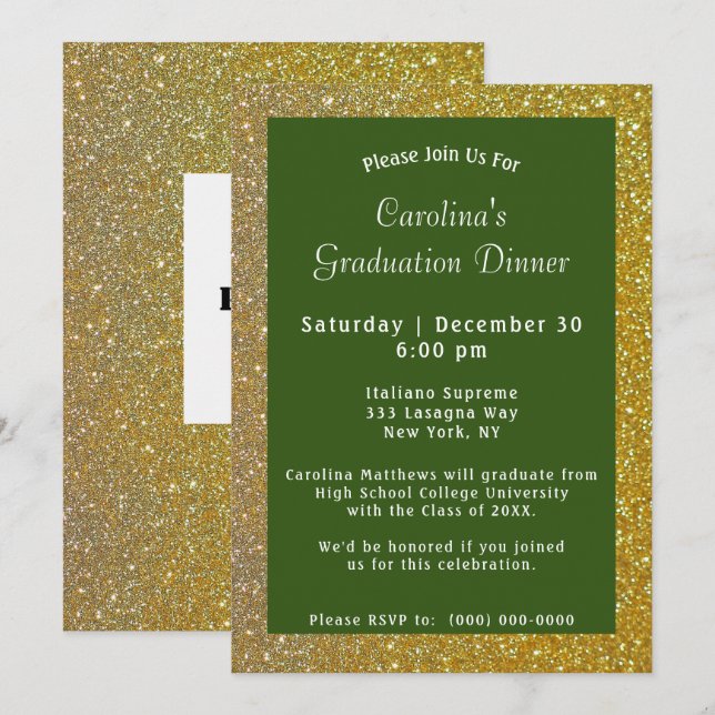 Invitation Dîner Gold Sparkle Graduation verte (Devant / Derrière)