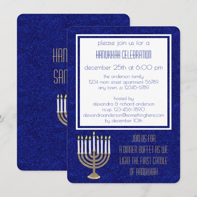 Invitation Dîner Hanoukka Gold Menorah Hanoukka Sameach (Devant / Derrière)