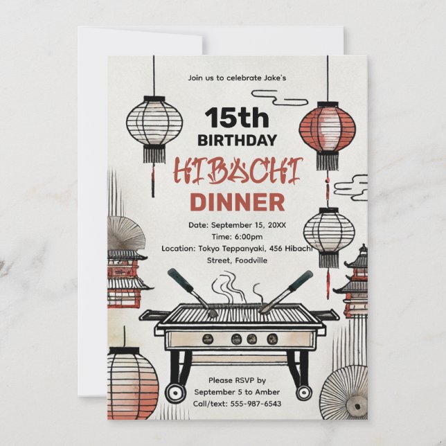 Invitation Dîner Hibachi d'anniversaire personnalisé Lanterne (Devant)