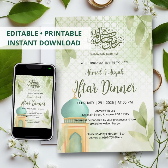 Invitation Dîner Iftar de la Mosquée Verte à l'aquarelle douc (Créateur téléchargé)