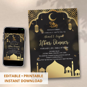 Invitation Dîner Iftar de mosquée noir et or de luxe