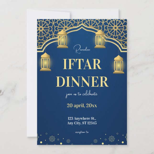 Invitation Dîner Iftar de Ramadan Blue Gold (Devant)