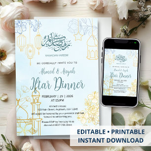 Invitation Dîner Iftar de Ramadan Floral Bleu et Or Moderne