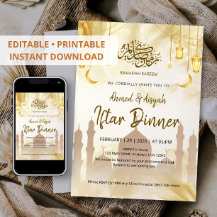 Invitation Dîner Iftar élégant Mosquée Lanterne en Or Ramadan