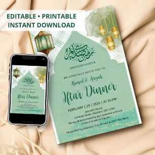Invitation Dîner Iftar élégant sous une lanterne verte sauge