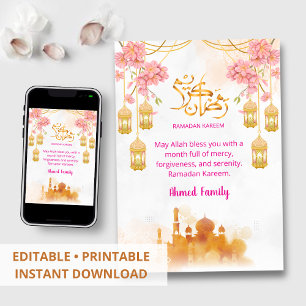 Invitation Dîner Iftar Fleurs Roses Aquarelle & Mosquée