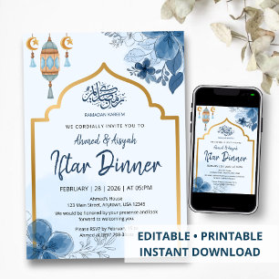 Invitation Dîner Iftar Floral Aquarelle Bleu Ramadan