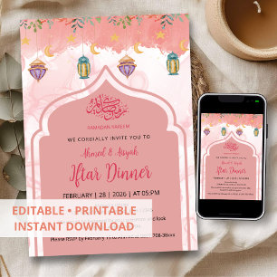 Invitation Dîner Iftar Floral Aquarelle Rose Élégant