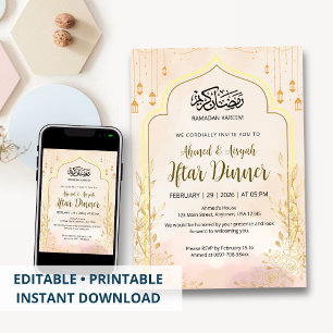 Invitation Dîner Iftar Floral Rose Pâle Douce Ramadan