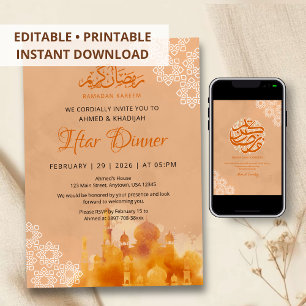 Invitation Dîner Iftar Mosquée Coucher de Soleil Orange Aquar