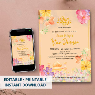 Invitation Dîner Iftar Ramadan Kareem Floral Aquarelle