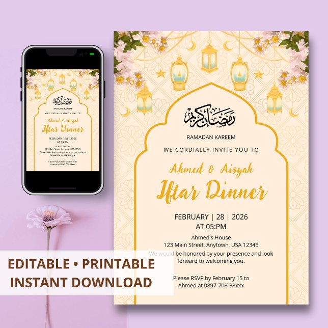 Invitation Dîner Iftar sous lanterne florale bohème et arche  (Créateur téléchargé)