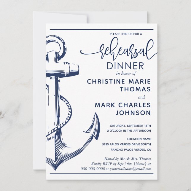 Invitation Dîner Mariage de la répétition d'Ancres nautiques (Devant)